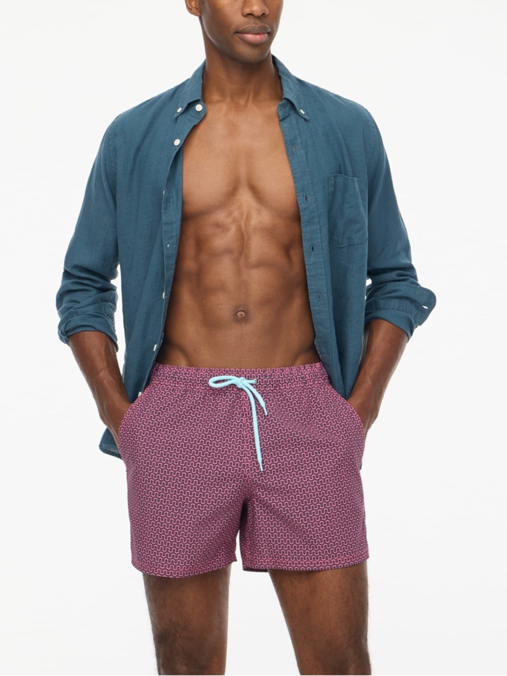 J. Crew men’s 5" swim trunks power pink navy geometric print pull on XL